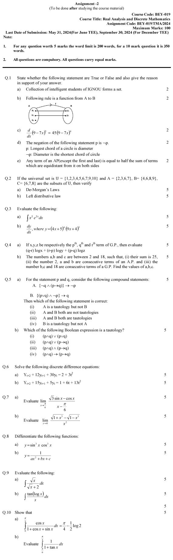 IGNOU BEY-19 - Real Analysis and Discrete Mathematics Latest Solved Assignment-January 2024 - July 2024