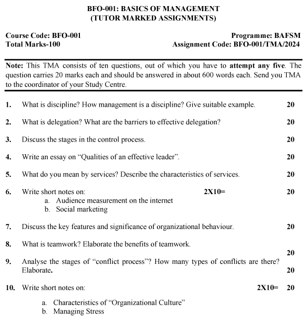 IGNOU BFO-01 - Basics of Management Latest Solved Assignment-July 2023 - January 2024