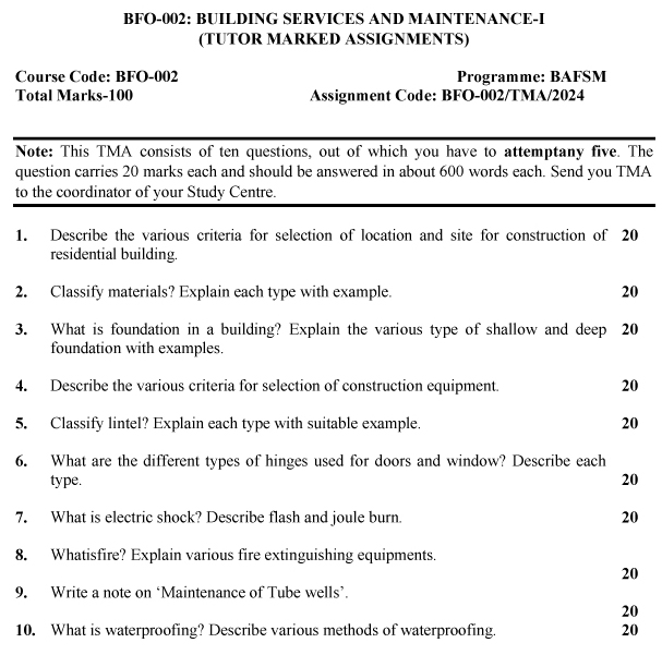 IGNOU BFO-02 - Building Services and Maintenance-I Latest Solved Assignment-July 2023 - January 2024