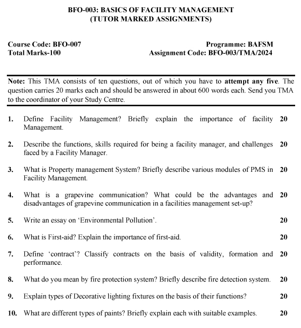 IGNOU BFO-03 - Basics of Facility Management Latest Solved Assignment-July 2023 - January 2024