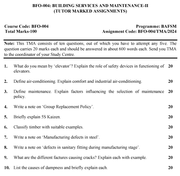 IGNOU BFO-04 - Building Services and Maintenance-II Latest Solved Assignment-July 2023 - January 2024