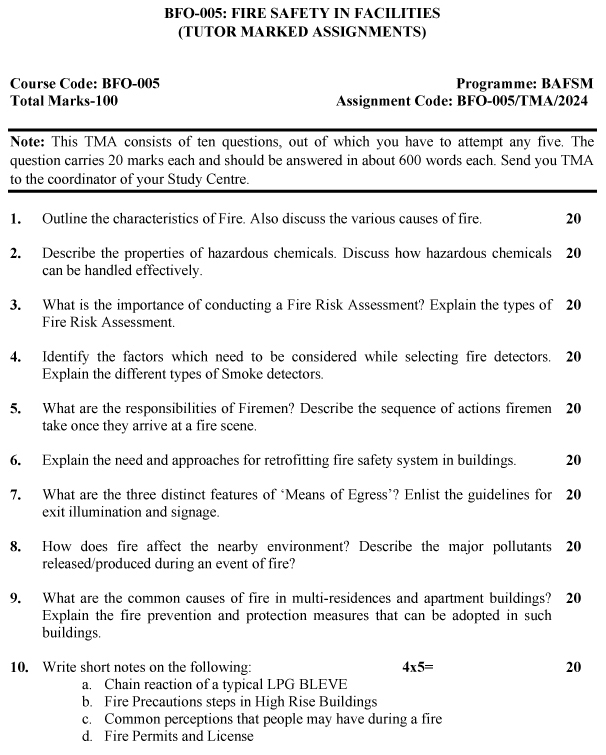 IGNOU BFO-05 - Fire Safety in Facilities Latest Solved Assignment-July 2023 - January 2024