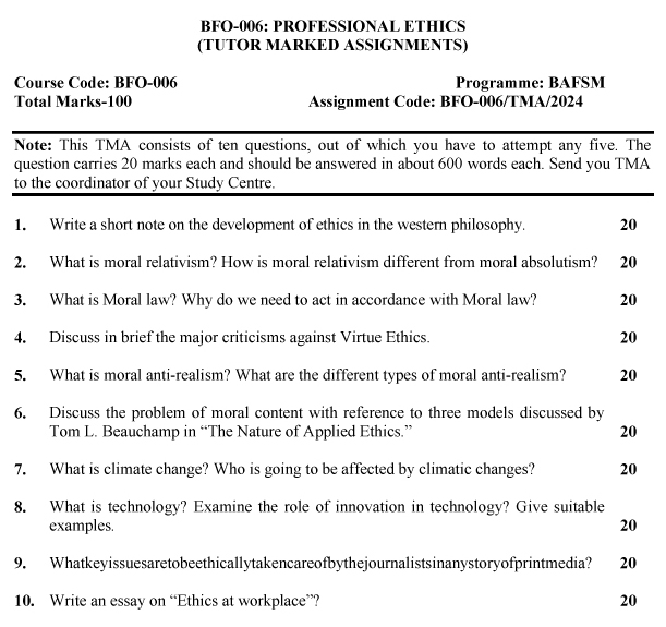 IGNOU BFO-06 - Professional Ethics Latest Solved Assignment-July 2023 - January 2024