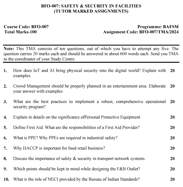 IGNOU BFO-07 - Safety and Security in FacilitiesLatest Solved Assignment-July 2023 - January 2024