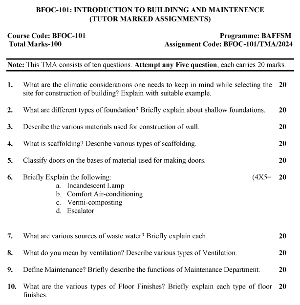 IGNOU BFOC-101 - Introduction to Building and MaintenanceLatest Solved Assignment-July 2023 - January 2024