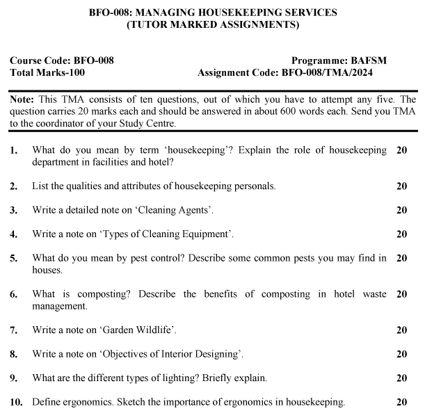 IGNOU BFO-08 - Managing Housekeeping Services Latest Solved Assignment-July 2023 - January 2024