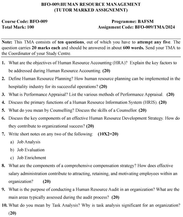 IGNOU BFO-09 - Human Resource Management Latest Solved Assignment-July 2023 - January 2024