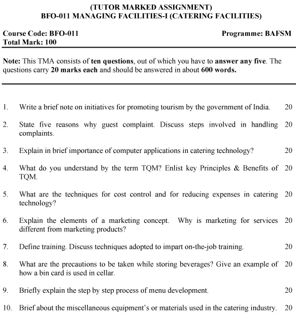 IGNOU BFO-11 - Managing Facilities-I (Catering Facilities) Latest Solved Assignment-July 2023 - January 2024