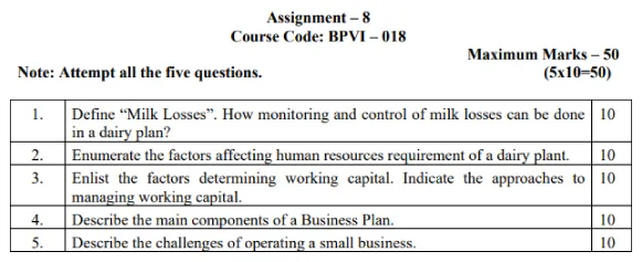 IGNOU BPVI-18 - Dairy Management and Entrepreneurship Latest Solved Assignment-January 2024 - July 2024