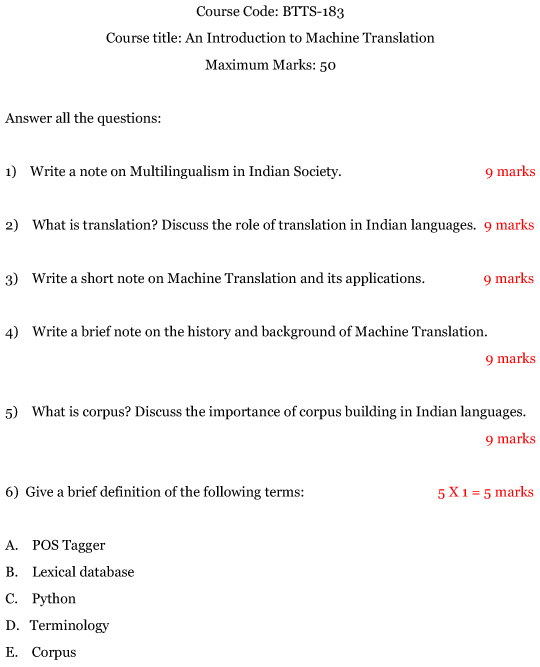 IGNOU BTTS-183 - An Introduction to Machine Translation, Latest Solved Assignment-January 2023 - July 2023