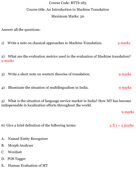 IGNOU BTTS-183 - An Introduction to Machine Translation, Latest Solved Assignment-July 2023 - January 2024