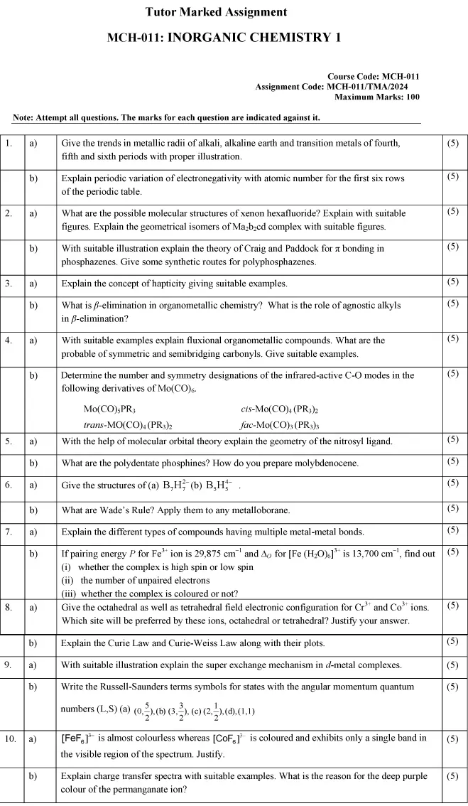 IGNOU MCH-11 - Inorganic Chemistry -I Latest Solved Assignment-January 2024 - December 2024