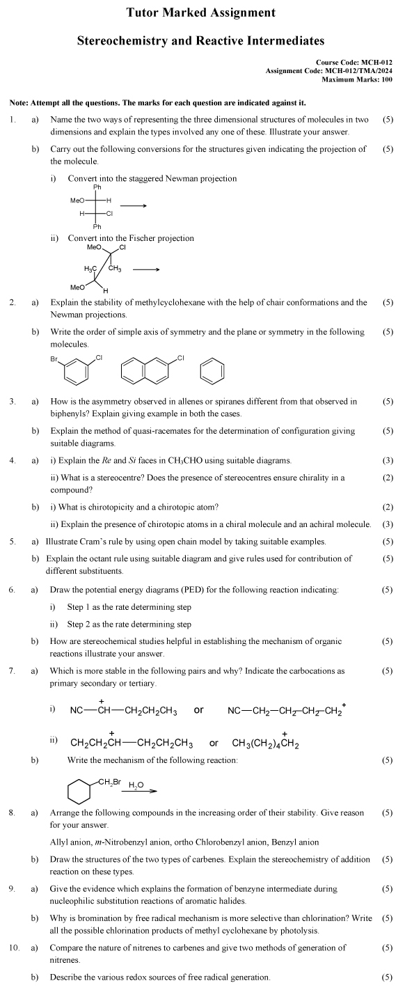 IGNOU MCH-12 - Organic Chemistry-I Latest Solved Assignment-January 2024 - December 2024