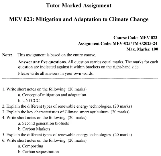 IGNOU MEV-23 - Mitigation and adaptation to Climate Change Latest Solved Assignment-July 2023 - January 2024