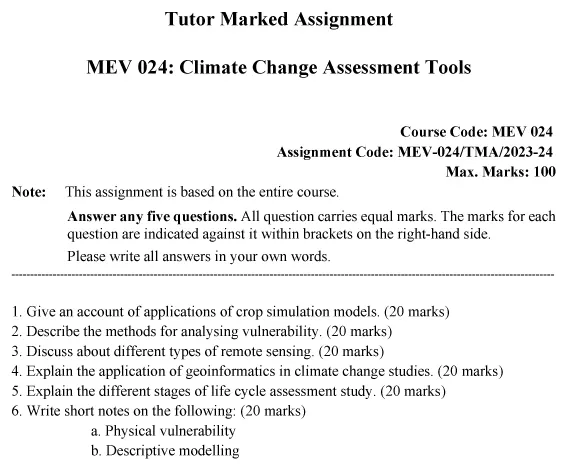 IGNOU MEV-24 - Climate Change Assessment Tools Latest Solved Assignment-July 2023 - January 2024