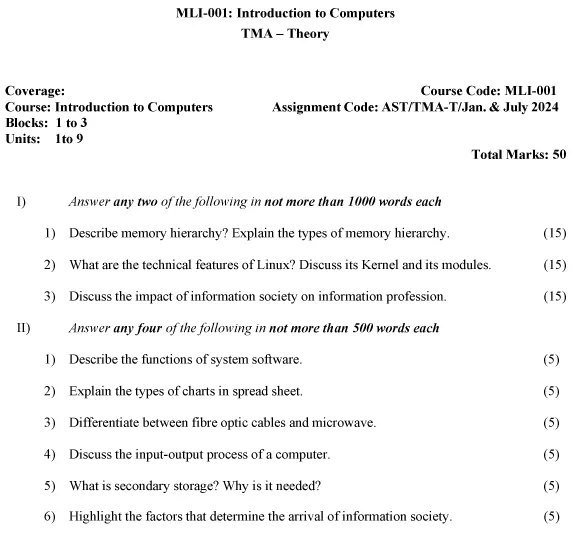 IGNOU MLI-1 - Introduction to Computers Latest Solved Assignment-January 2024 - July 2024