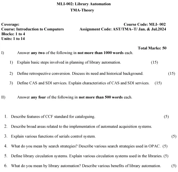 IGNOU MLI-2 - Library Automation Latest Solved Assignment-January 2024 - July 2024