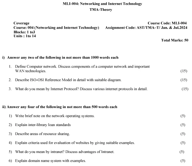 IGNOU MLI-4 - Networking and Internet Technology Latest Solved Assignment-January 2024 - July 2024