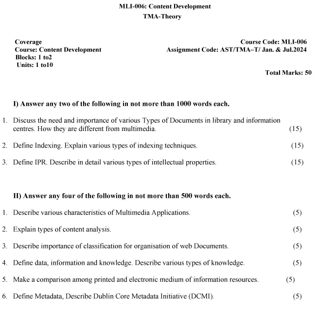 IGNOU MLI-6 - Content Development Latest Solved Assignment-January 2024 - July 2024