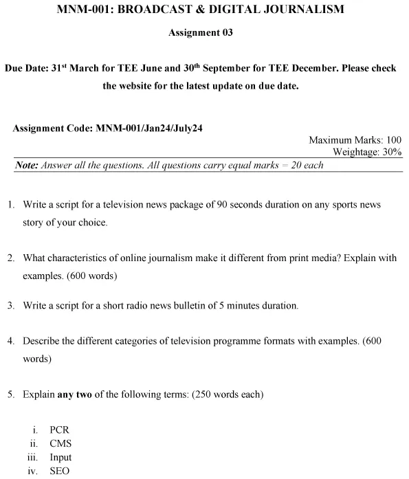 IGNOU MNM-01 - Broadcast & Digital Journalism Latest Solved Assignment-January 2024 - July 2024