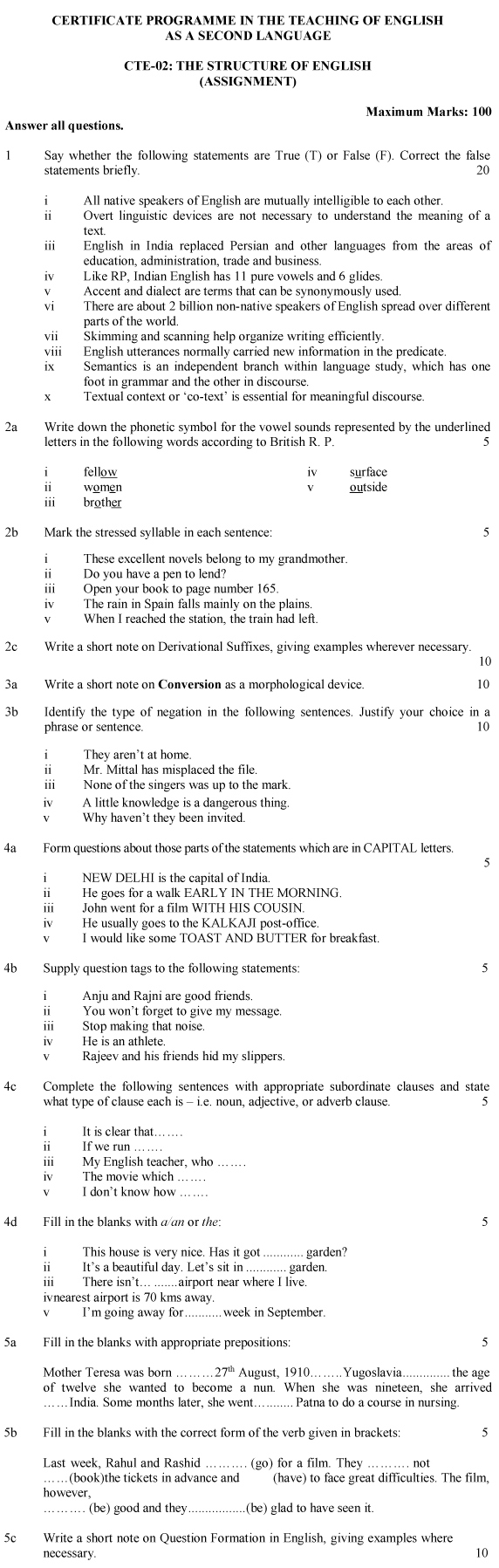 IGNOU CTE-02 - The Structure of English, Latest Solved Assignment-July 2024 - January 2025