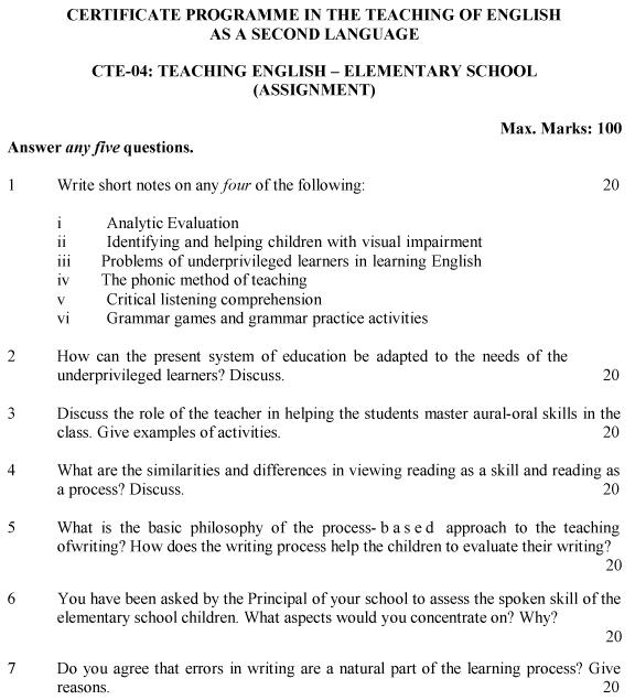 IGNOU CTE-04 - Teaching English-Elementary School, Latest Solved Assignment-July 2024 - January 2025