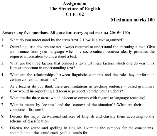 IGNOU CTE-102 - The Structure of English, Latest Solved Assignment-July 2024 - January 2025