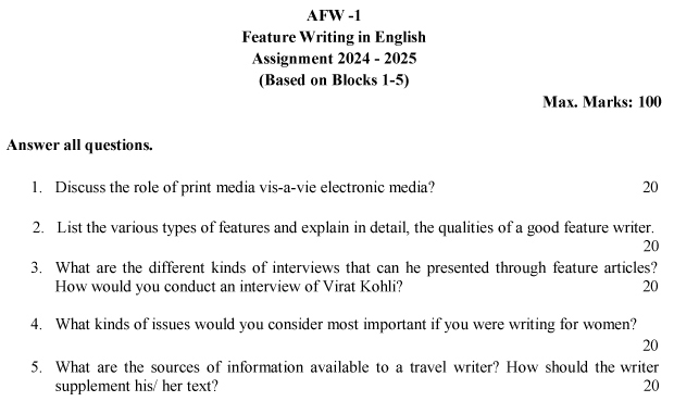 IGNOU AFW-01 - Feature Writing Latest Solved Assignment-July 2024 - January 2025