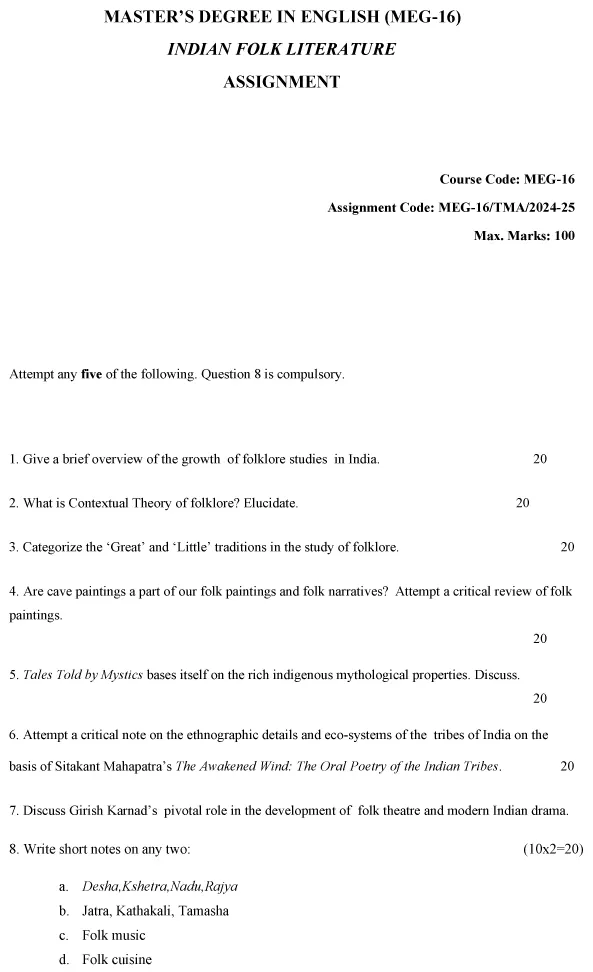 IGNOU MEG-16 - Indian Folk Literature in English Translation Latest Solved Assignment-July 2024 - January 2025