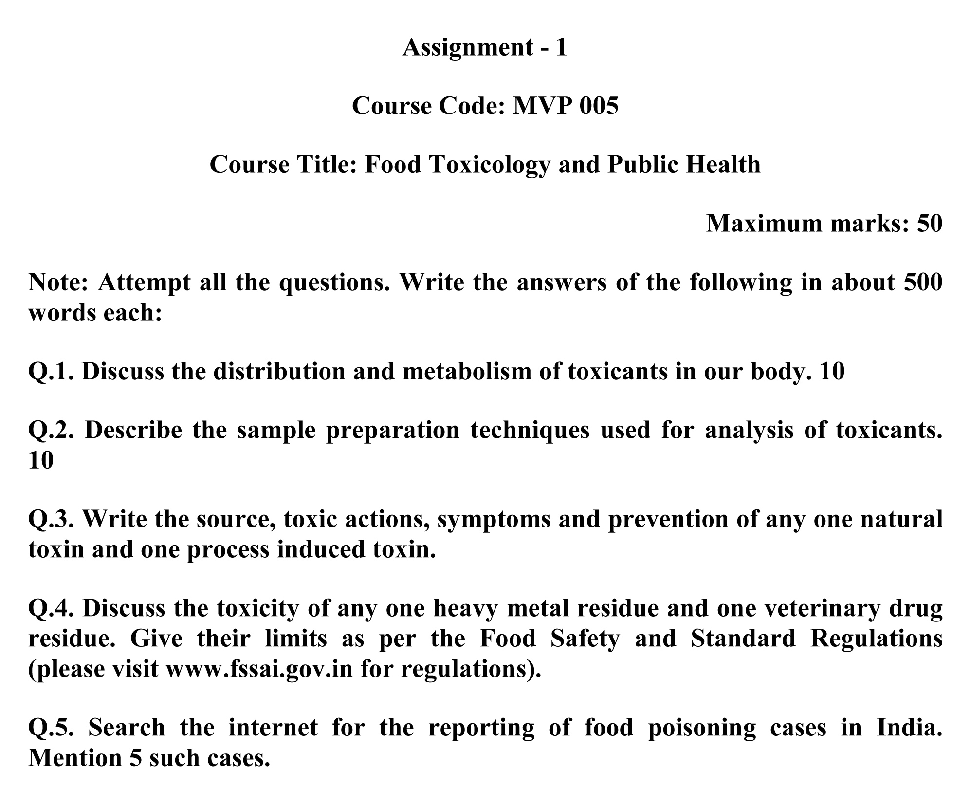 IGNOU MVP-05 - Food Toxicology and public health Latest Solved Assignment-January 2024 - July 2024