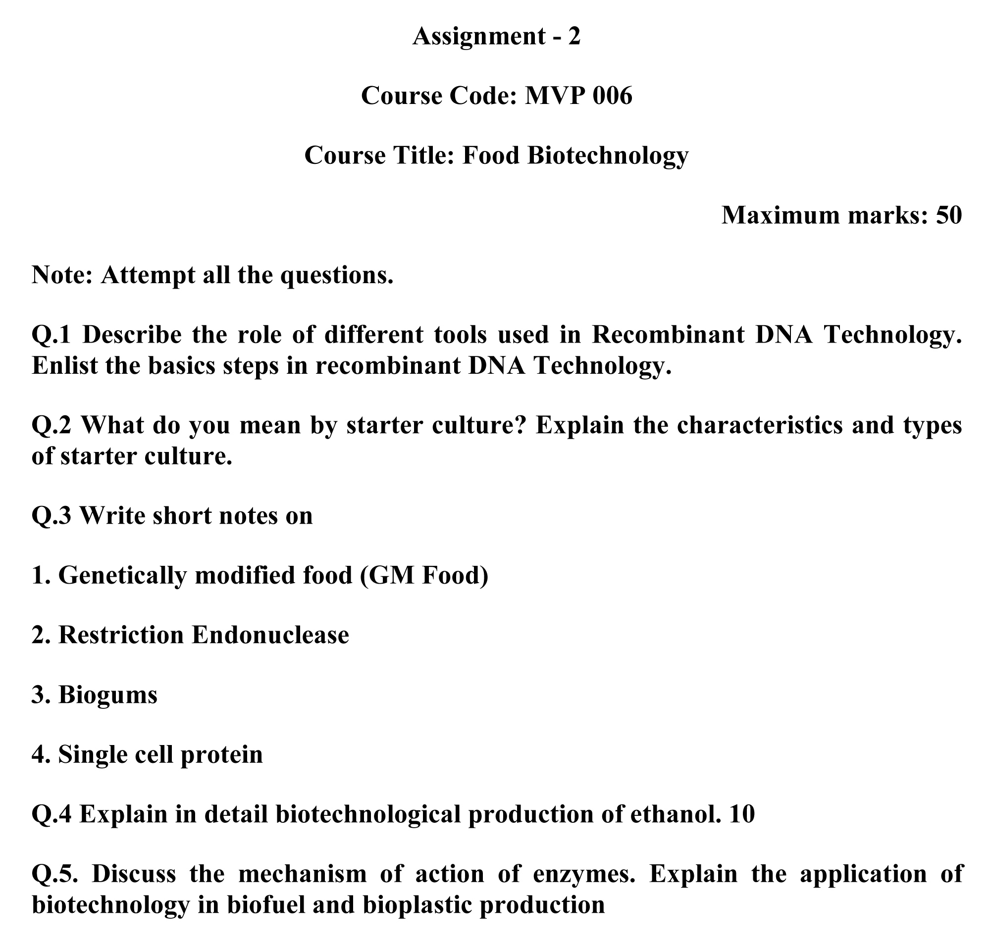 IGNOU MVP-06 - Food Biotechnology Latest Solved Assignment-January 2024 - July 2024