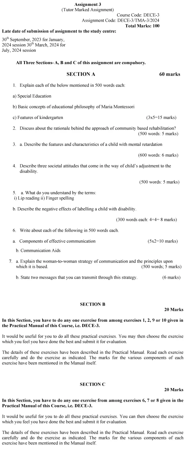 IGNOU DECE-03 - Services and Programmes for Children, Latest Solved Assignment-January 2024 - July 2024