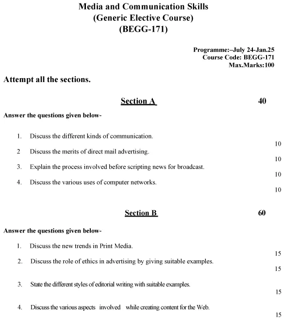 IGNOU BEGG-171 - Media and Communication Skills Latest Solved Assignment-July 2024 - January 2025