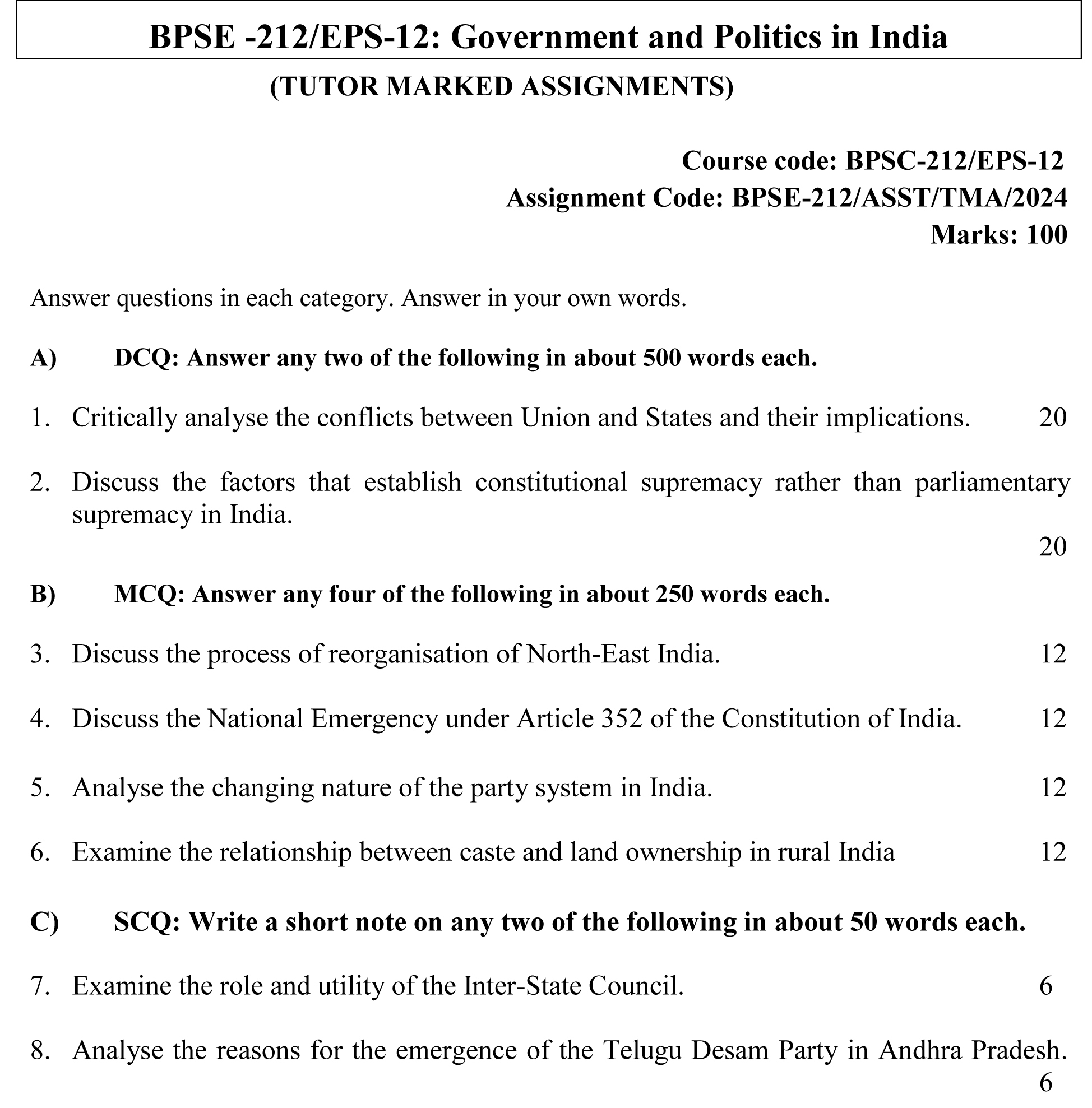 EPS-02/BPSE-212 - Government and Politics in India-July 2023 - January 2024