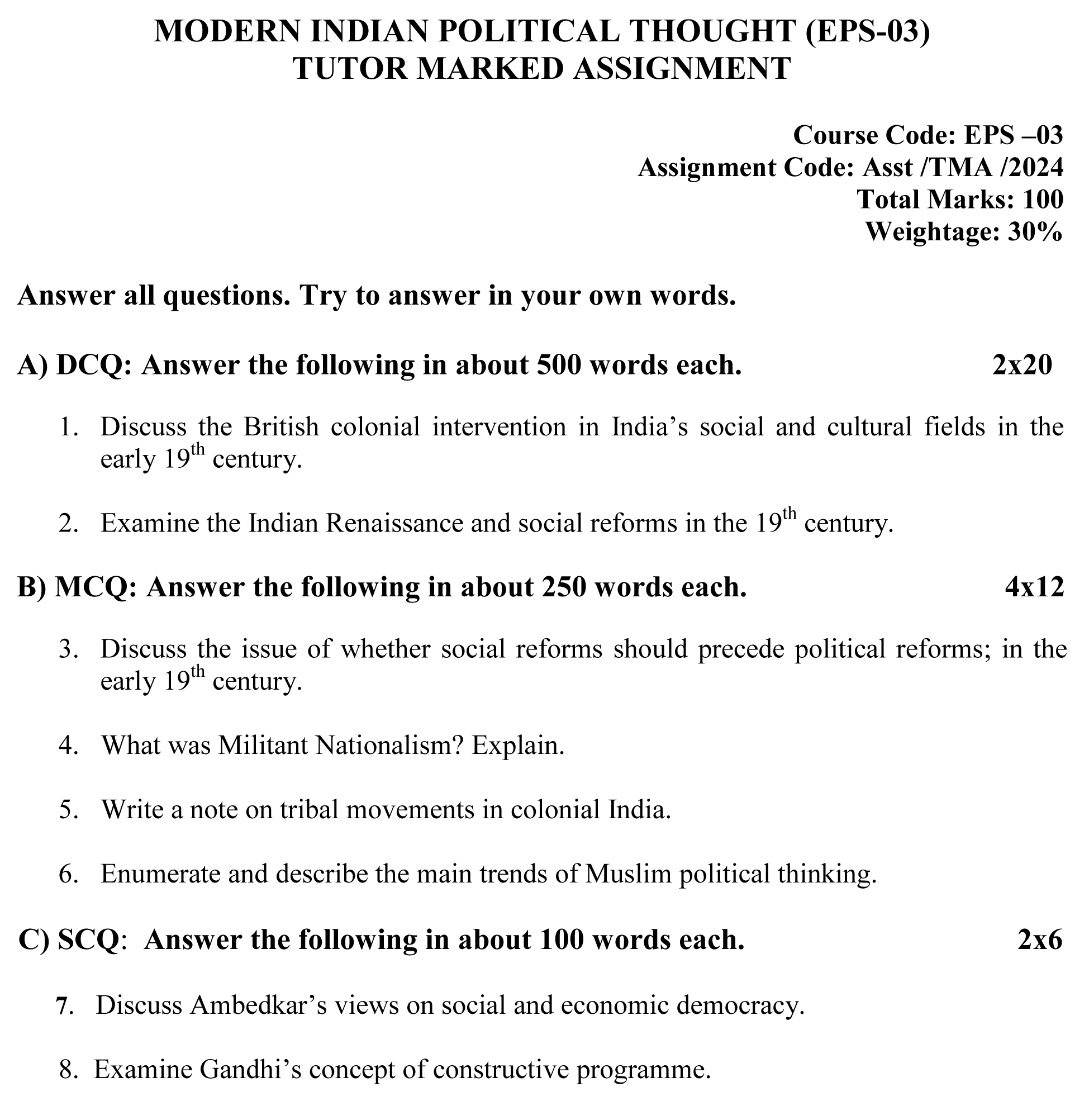 EPS-03 - Modern Indian Political Thought-July 2023 - January 2024