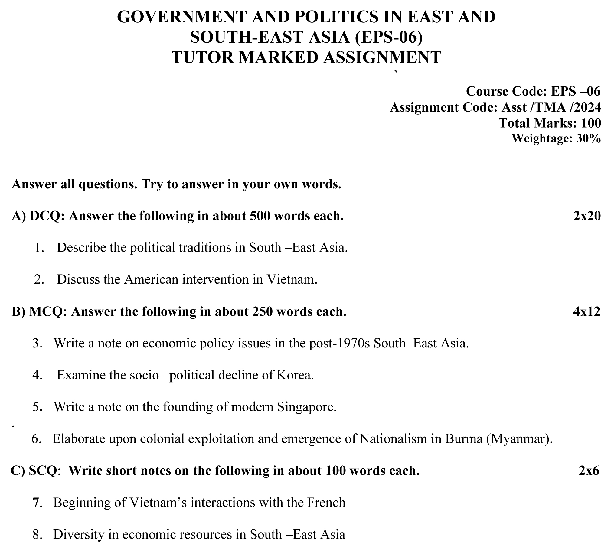 EPS-06 - Government and Politics in East And South East Asia-July 2023 - January 2024