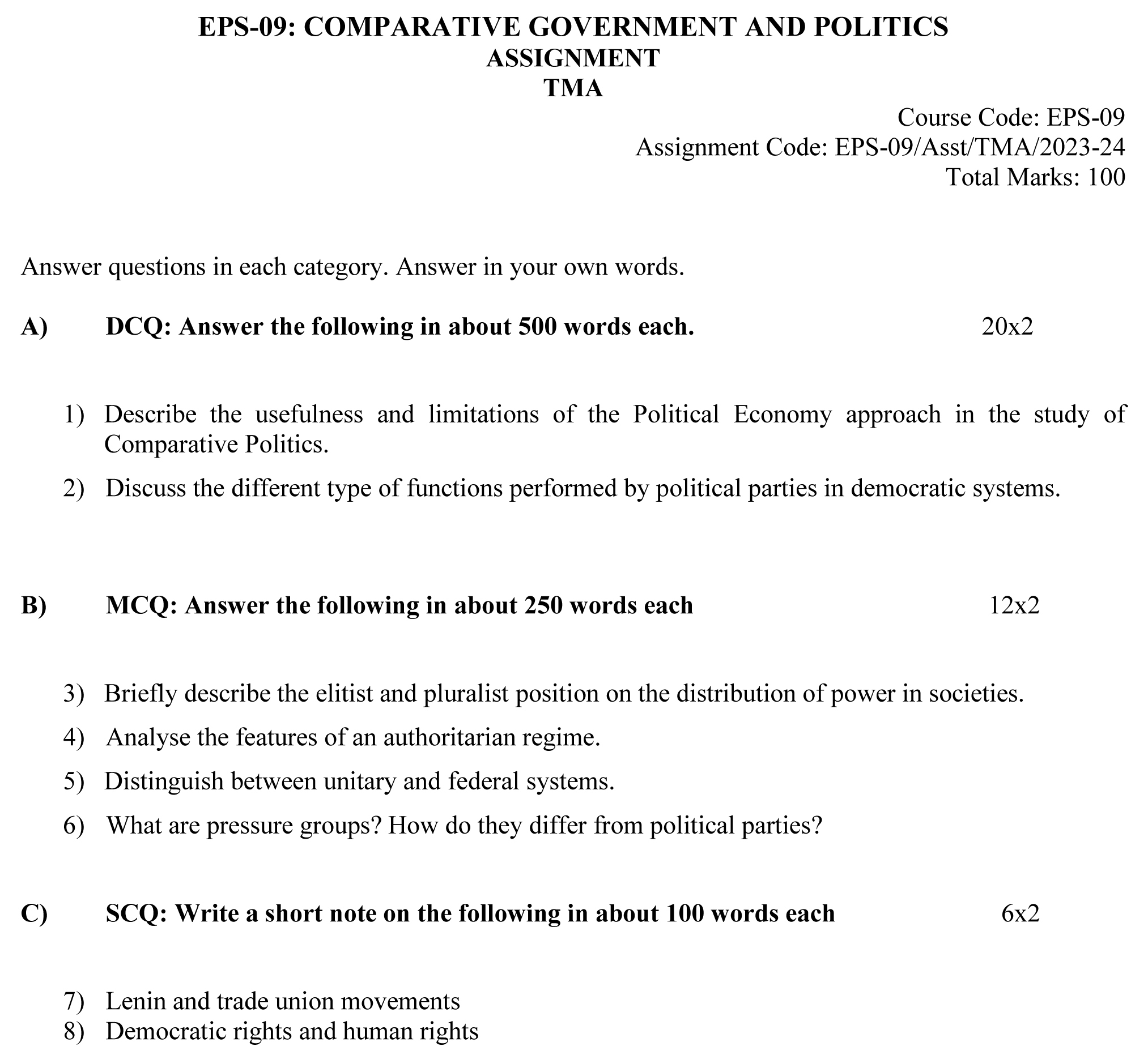 EPS-09 - Comparative Government and Politics-July 2023 - January 2024