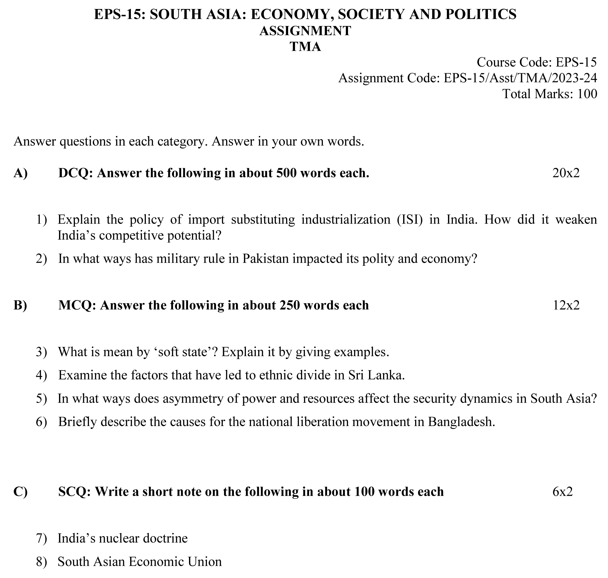 EPS-15 - South Asia: Economy, Society and Politics-July 2023 - January 2024