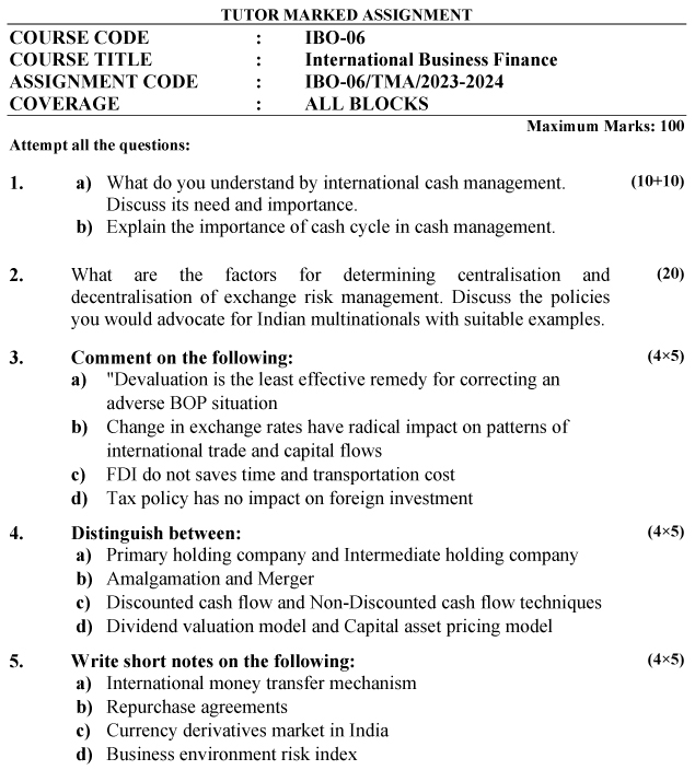 IGNOU IBO-06 - International Business Finance, Latest Solved Assignment-July 2023 - January 2024