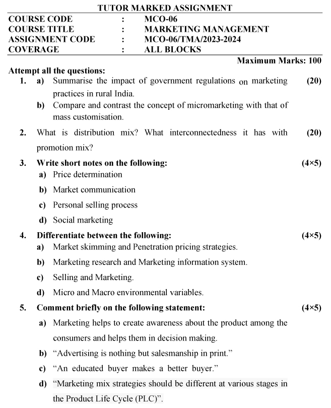 IGNOU MCO-06 - Marketing Management, Latest Solved Assignment-July 2023 - January 2024