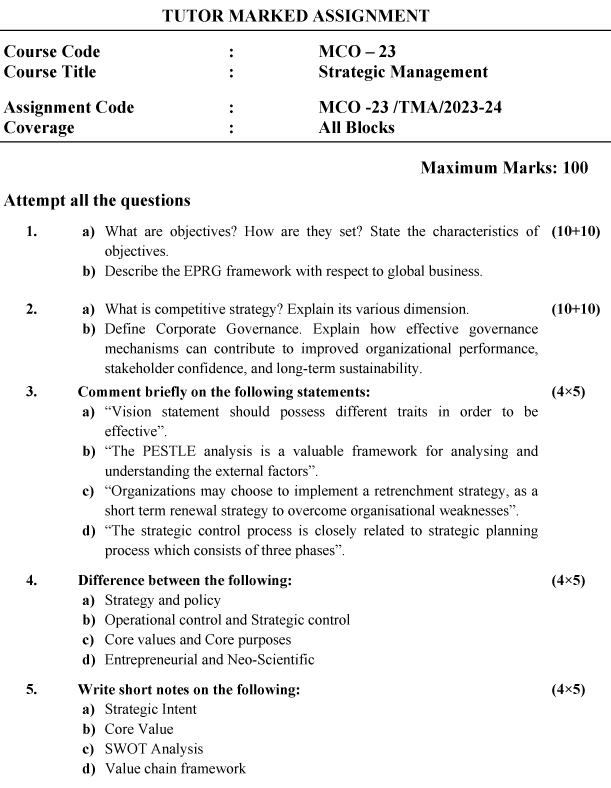 IGNOU MCO-23 - Strategic Management Latest Solved Assignment-July 2023 - January 2024