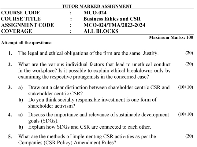 IGNOU MCO-24 - Business Ethics and Corporate Social Responsibility  Latest Solved Assignment -July 2023 - January 2024