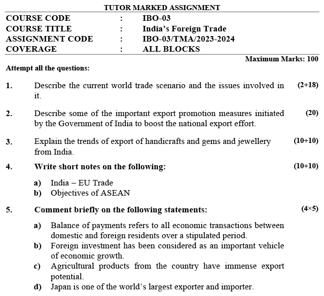 IGNOU IBO-03 - India's Foreign Trade, Latest Solved Assignment-July 2023 - January 2024