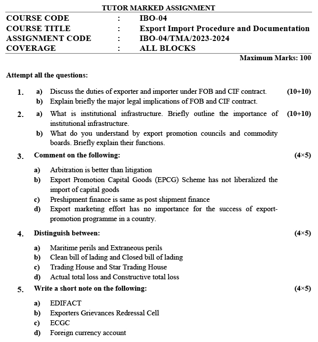 IGNOU IBO-04 - Export Import Procedures and Documentation, Latest Solved Assignment-July 2023 - January 2024