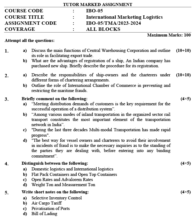 IGNOU IBO-05 - International Marketing Logistics, Latest Solved Assignment-July 2023 - January 2024