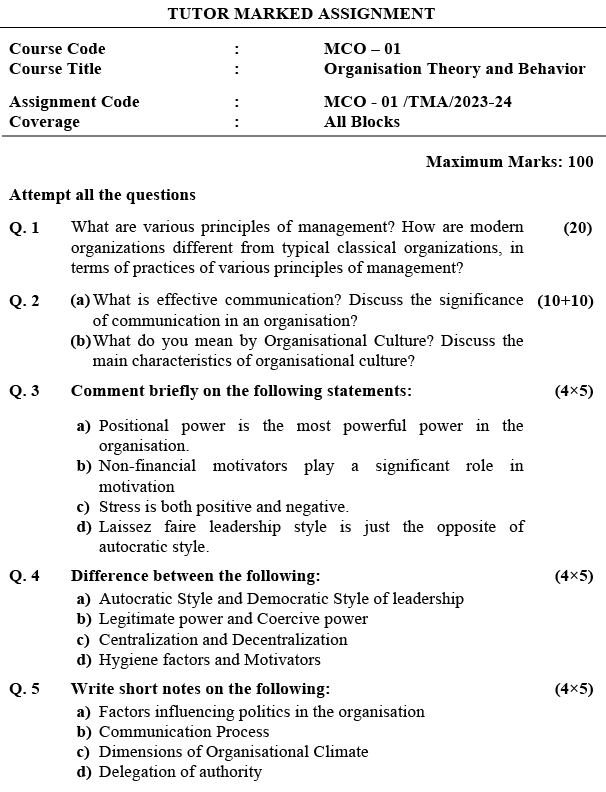 IGNOU MCO-01 - Organization Theory and Behaviour, Latest Solved Assignment -July 2023 - January 2024