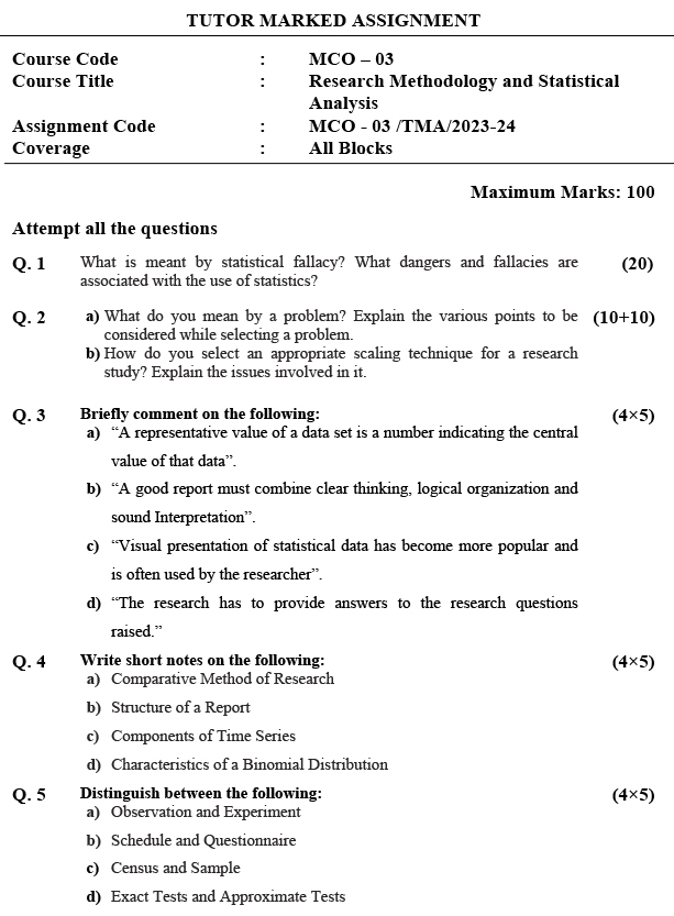 IGNOU MCO-03 - Research Methodology and Statistical Analysis, Latest Solved Assignment-July 2023 - January 2024