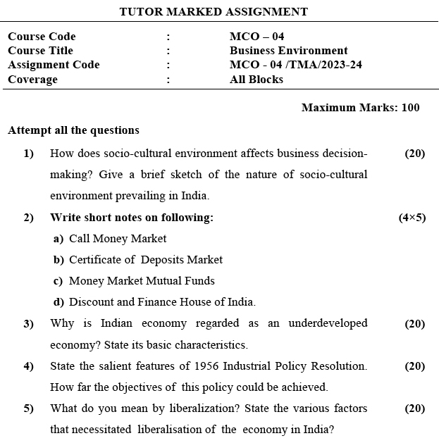 IGNOU MCO-04 - Business Environment, Latest Solved Assignment-July 2023 - January 2024