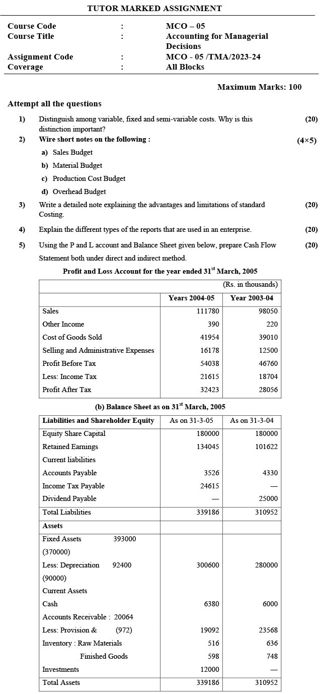 IGNOU MCO-05 - Accounting for Managerial Decisions, Latest Solved Assignment-July 2023 - January 2024