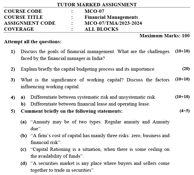 IGNOU MCO-07 - Financial Management, Latest Solved Assignment-July 2023 - January 2024